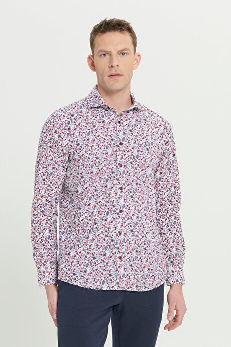 Pamuklu Slim Fit Dar Kesim Büyük İtalyan Yaka Baskılı Beyaz Kırmızı Gömlek resmi