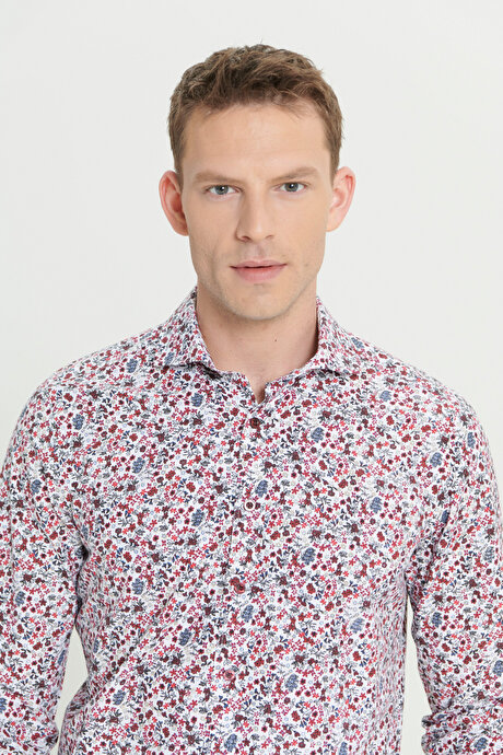 Pamuklu Slim Fit Dar Kesim Büyük İtalyan Yaka Baskılı Beyaz Kırmızı Gömlek resmi