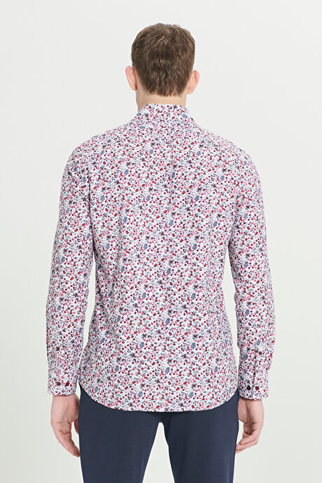 Pamuklu Slim Fit Dar Kesim Büyük İtalyan Yaka Baskılı Beyaz Kırmızı Gömlek resmi