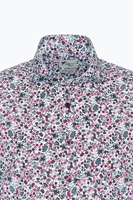 Pamuklu Slim Fit Dar Kesim Büyük İtalyan Yaka Baskılı Beyaz Kırmızı Gömlek resmi