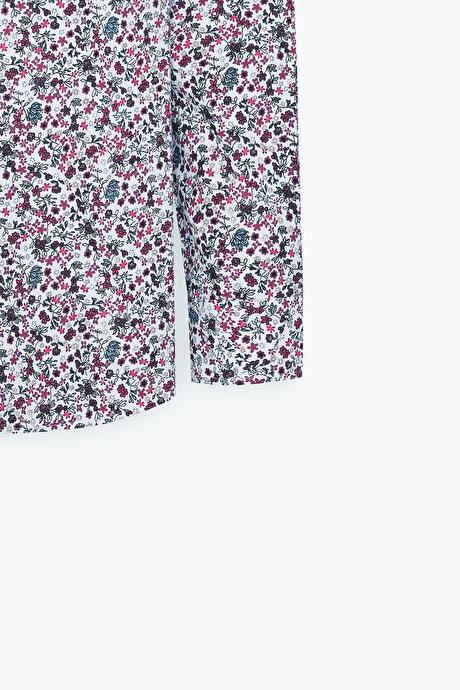Pamuklu Slim Fit Dar Kesim Büyük İtalyan Yaka Baskılı Beyaz Kırmızı Gömlek resmi