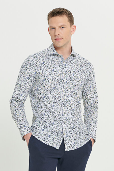 Pamuklu Slim Fit Dar Kesim Büyük İtalyan Yaka Baskılı Beyaz-Yeşil Gömlek resmi