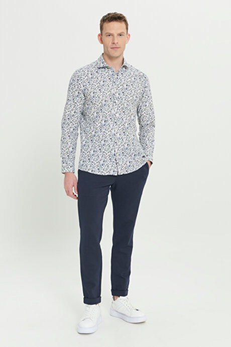 Pamuklu Slim Fit Dar Kesim Büyük İtalyan Yaka Baskılı Beyaz-Yeşil Gömlek resmi