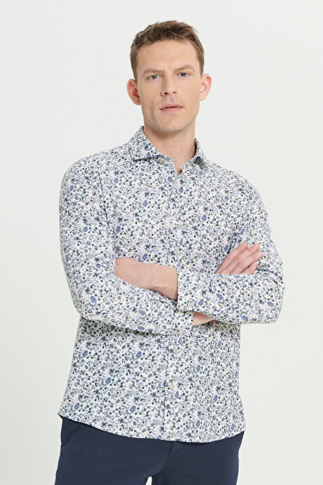 Pamuklu Slim Fit Dar Kesim Büyük İtalyan Yaka Baskılı Beyaz-Yeşil Gömlek resmi