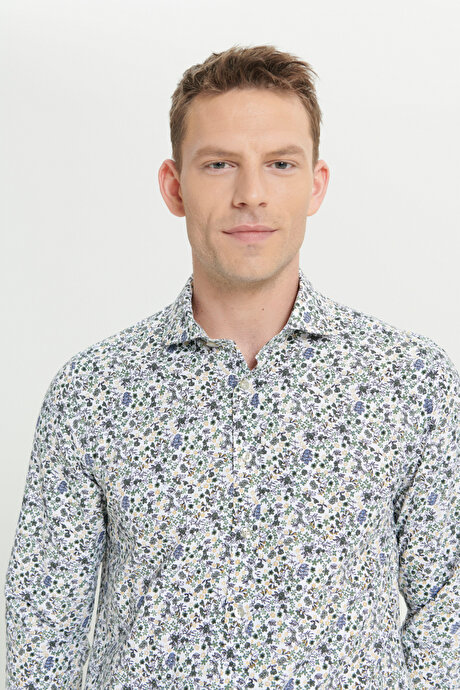 Pamuklu Slim Fit Dar Kesim Büyük İtalyan Yaka Baskılı Beyaz-Yeşil Gömlek resmi