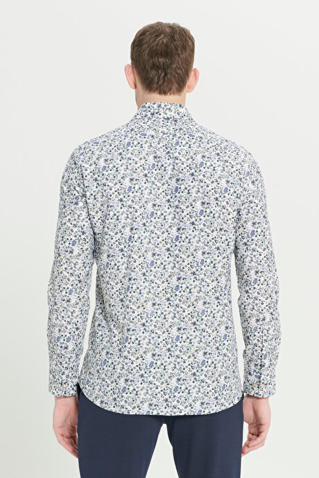 Pamuklu Slim Fit Dar Kesim Büyük İtalyan Yaka Baskılı Beyaz-Yeşil Gömlek resmi