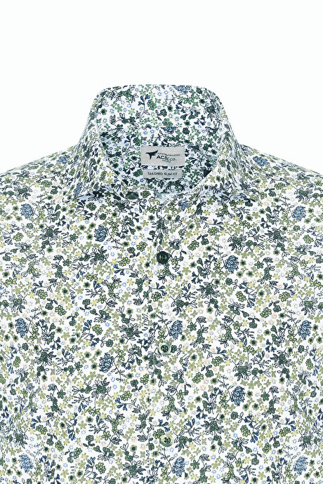 Pamuklu Slim Fit Dar Kesim Büyük İtalyan Yaka Baskılı Beyaz-Yeşil Gömlek resmi