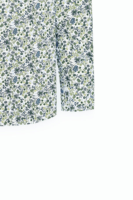 Pamuklu Slim Fit Dar Kesim Büyük İtalyan Yaka Baskılı Beyaz-Yeşil Gömlek resmi