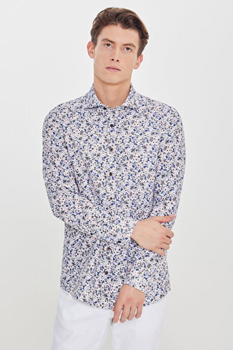 Pamuklu Slim Fit Dar Kesim Büyük İtalyan Yaka Baskılı Beyaz-Lacivert Gömlek resmi