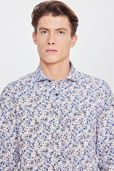 Pamuklu Slim Fit Dar Kesim Büyük İtalyan Yaka Baskılı Beyaz-Lacivert Gömlek resmi