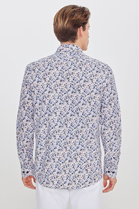 Pamuklu Slim Fit Dar Kesim Büyük İtalyan Yaka Baskılı Beyaz-Lacivert Gömlek resmi