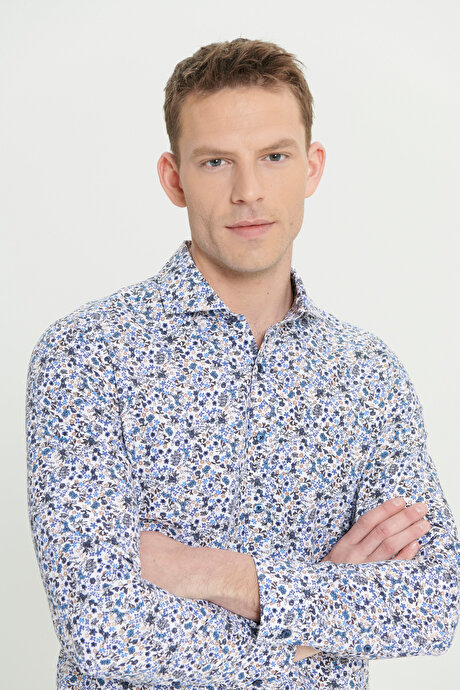 Pamuklu Slim Fit Dar Kesim Büyük İtalyan Yaka Baskılı Beyaz-Mavi Gömlek resmi