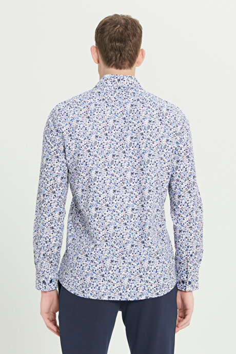 Pamuklu Slim Fit Dar Kesim Büyük İtalyan Yaka Baskılı Beyaz-Mavi Gömlek resmi