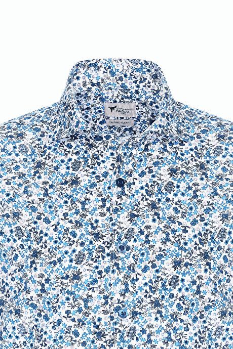 Pamuklu Slim Fit Dar Kesim Büyük İtalyan Yaka Baskılı Beyaz-Mavi Gömlek resmi