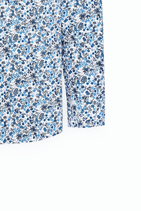 Pamuklu Slim Fit Dar Kesim Büyük İtalyan Yaka Baskılı Beyaz-Mavi Gömlek resmi