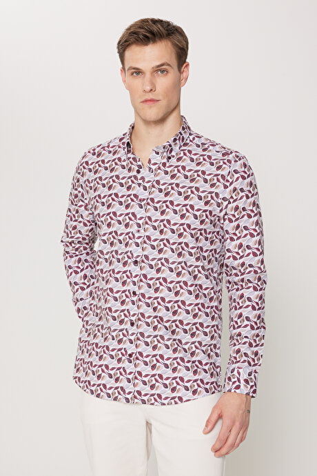 %100 Pamuk Slim Fit Dar Kesim Düğmeli Yaka Baskılı Bej-Bordo Gömlek resmi
