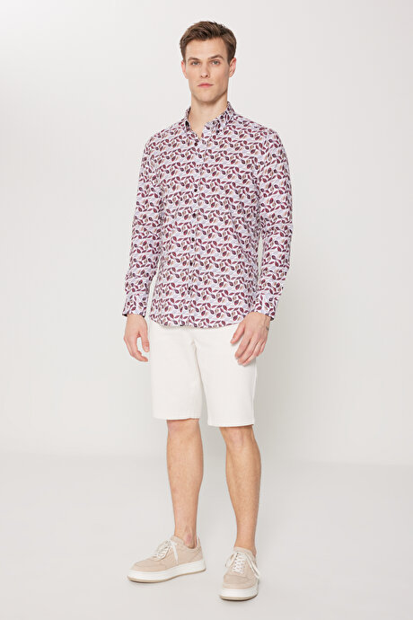 %100 Pamuk Slim Fit Dar Kesim Düğmeli Yaka Baskılı Bej-Bordo Gömlek resmi