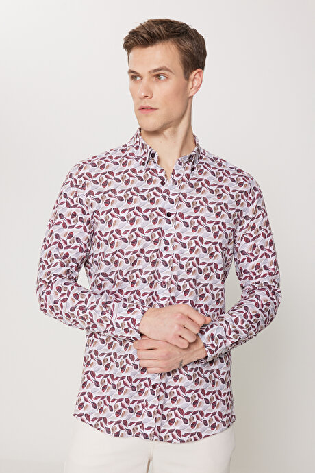 %100 Pamuk Slim Fit Dar Kesim Düğmeli Yaka Baskılı Bej-Bordo Gömlek resmi