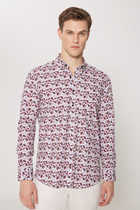 %100 Pamuk Slim Fit Dar Kesim Düğmeli Yaka Baskılı Bej-Bordo Gömlek resmi