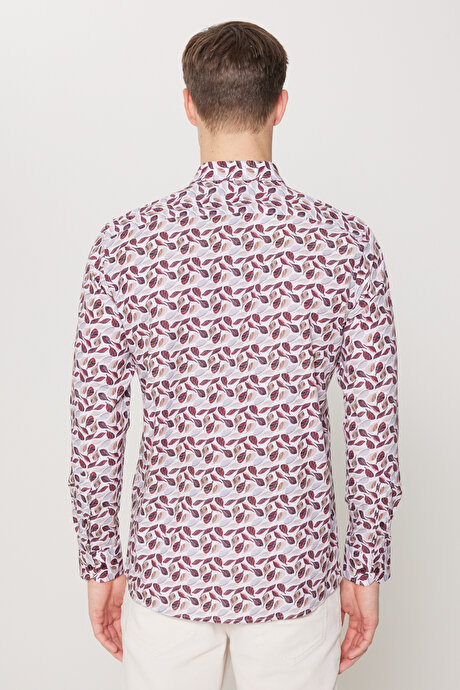 %100 Pamuk Slim Fit Dar Kesim Düğmeli Yaka Baskılı Bej-Bordo Gömlek resmi