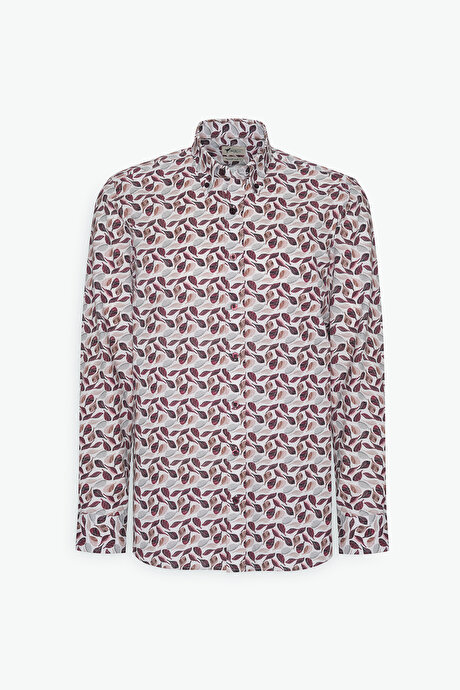 %100 Pamuk Slim Fit Dar Kesim Düğmeli Yaka Baskılı Bej-Bordo Gömlek resmi