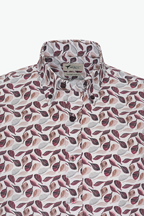 %100 Pamuk Slim Fit Dar Kesim Düğmeli Yaka Baskılı Bej-Bordo Gömlek resmi