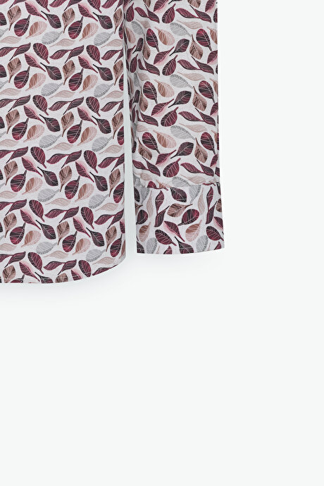 %100 Pamuk Slim Fit Dar Kesim Düğmeli Yaka Baskılı Bej-Bordo Gömlek resmi