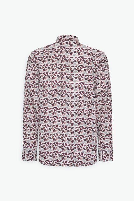 %100 Pamuk Slim Fit Dar Kesim Düğmeli Yaka Baskılı Bej-Bordo Gömlek resmi