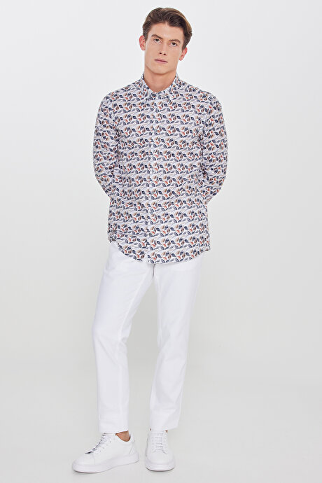 %100 Pamuk Slim Fit Dar Kesim Düğmeli Yaka Baskılı Bej-Lacivert Gömlek resmi