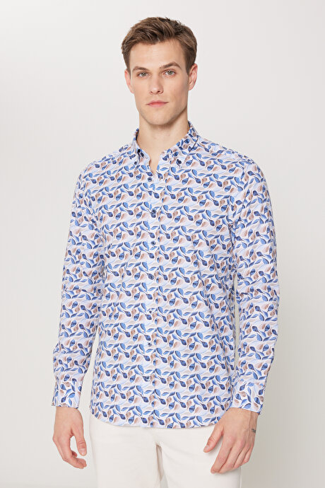 %100 Pamuk Slim Fit Dar Kesim Düğmeli Yaka Baskılı Bej-Mavi Gömlek resmi