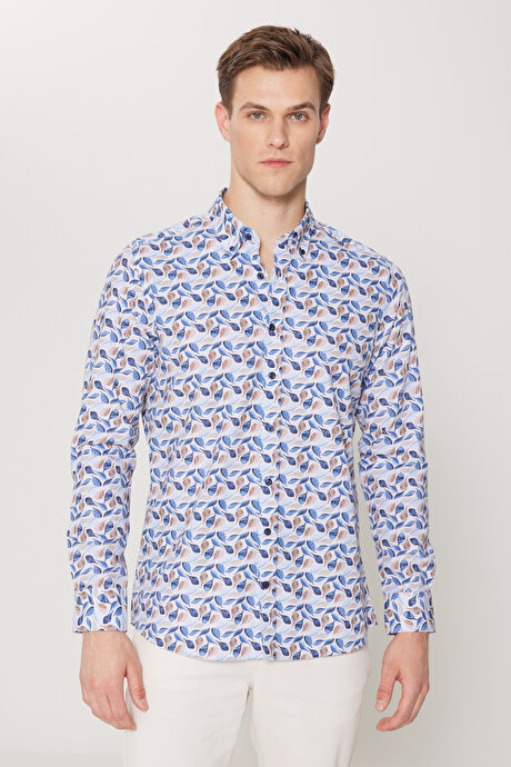 %100 Pamuk Slim Fit Dar Kesim Düğmeli Yaka Baskılı Bej-Mavi Gömlek resmi