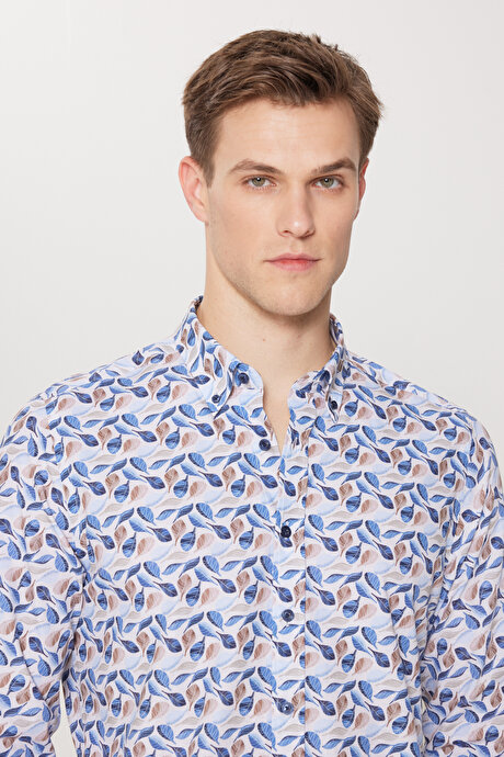 %100 Pamuk Slim Fit Dar Kesim Düğmeli Yaka Baskılı Bej-Mavi Gömlek resmi