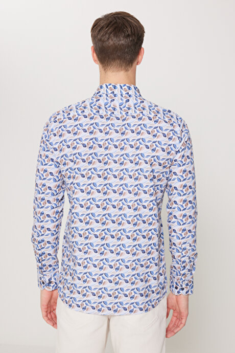 %100 Pamuk Slim Fit Dar Kesim Düğmeli Yaka Baskılı Bej-Mavi Gömlek resmi