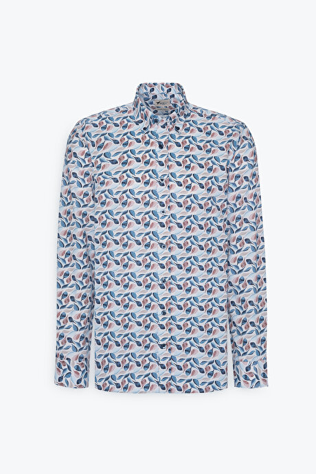 %100 Pamuk Slim Fit Dar Kesim Düğmeli Yaka Baskılı Bej-Mavi Gömlek resmi