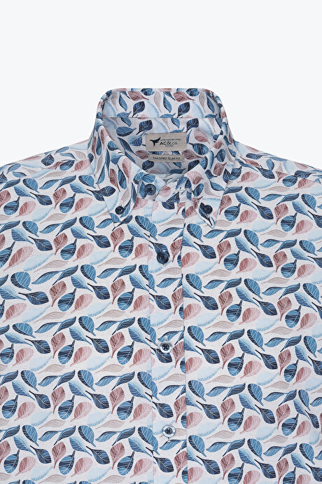 %100 Pamuk Slim Fit Dar Kesim Düğmeli Yaka Baskılı Bej-Mavi Gömlek resmi