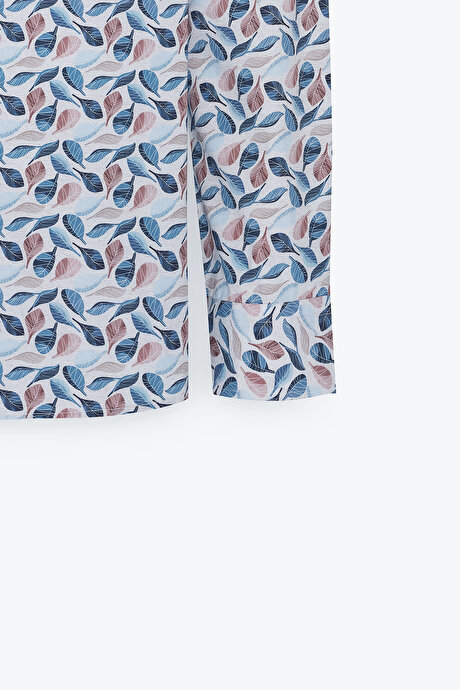 %100 Pamuk Slim Fit Dar Kesim Düğmeli Yaka Baskılı Bej-Mavi Gömlek resmi