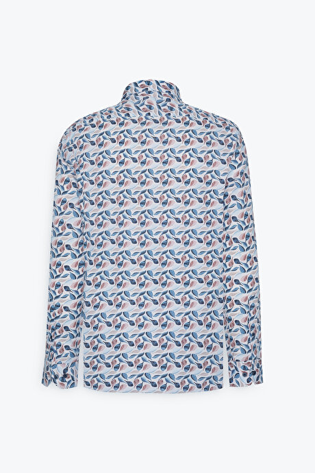 %100 Pamuk Slim Fit Dar Kesim Düğmeli Yaka Baskılı Bej-Mavi Gömlek resmi