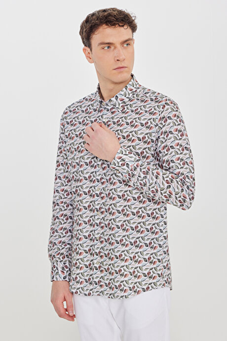 %100 Pamuk Slim Fit Dar Kesim Düğmeli Yaka Baskılı Bej-Yeşil Gömlek resmi