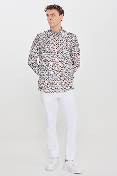 %100 Pamuk Slim Fit Dar Kesim Düğmeli Yaka Baskılı Bej-Yeşil Gömlek resmi