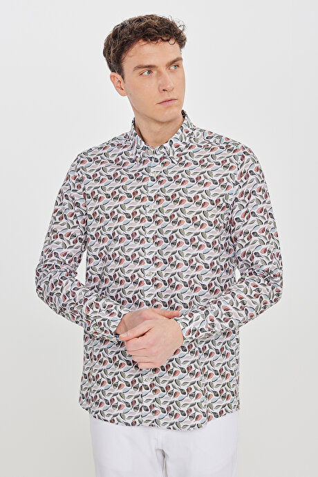 %100 Pamuk Slim Fit Dar Kesim Düğmeli Yaka Baskılı Bej-Yeşil Gömlek resmi