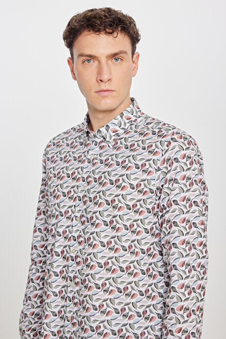 %100 Pamuk Slim Fit Dar Kesim Düğmeli Yaka Baskılı Bej-Yeşil Gömlek resmi