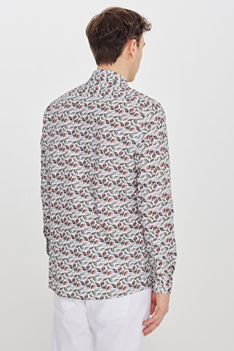 %100 Pamuk Slim Fit Dar Kesim Düğmeli Yaka Baskılı Bej-Yeşil Gömlek resmi