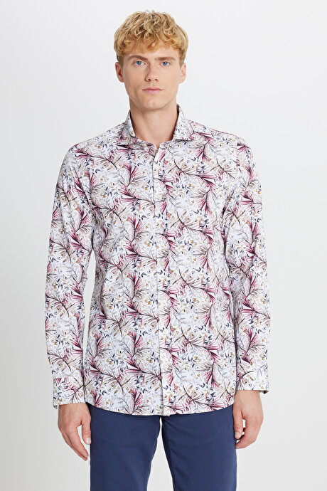 %100 Pamuk Slim Fit Büyük İtalyan Yaka Baskılı Beyaz Kırmızı Gömlek resmi