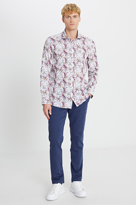 %100 Pamuk Slim Fit Büyük İtalyan Yaka Baskılı Beyaz Kırmızı Gömlek resmi