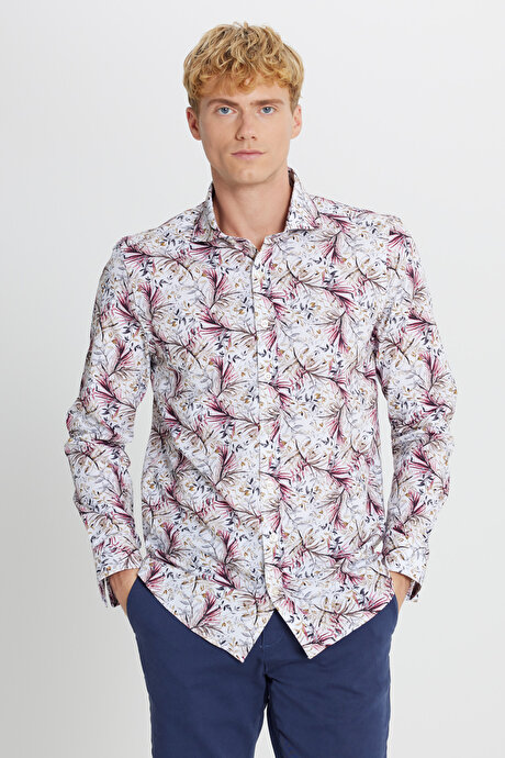 %100 Pamuk Slim Fit Büyük İtalyan Yaka Baskılı Beyaz Kırmızı Gömlek resmi