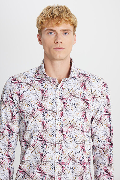 %100 Pamuk Slim Fit Büyük İtalyan Yaka Baskılı Beyaz Kırmızı Gömlek resmi