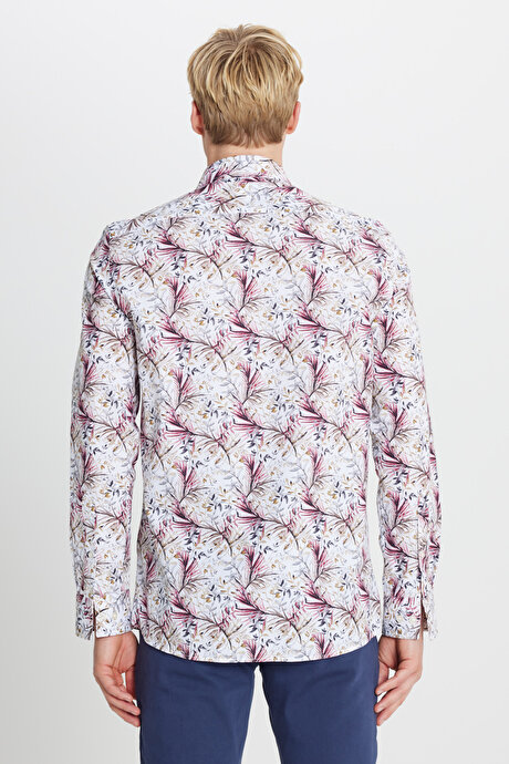 %100 Pamuk Slim Fit Büyük İtalyan Yaka Baskılı Beyaz Kırmızı Gömlek resmi