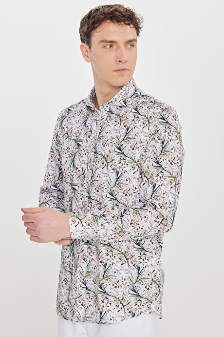 %100 Pamuk Slim Fit Büyük İtalyan Yaka Baskılı Beyaz-Yeşil Gömlek resmi