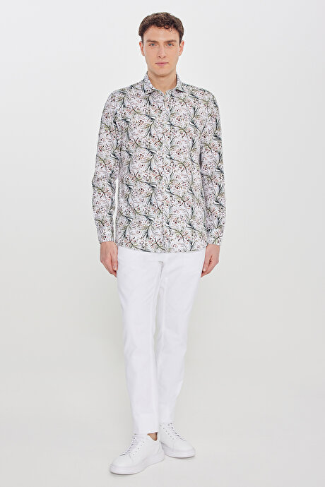 %100 Pamuk Slim Fit Büyük İtalyan Yaka Baskılı Beyaz-Yeşil Gömlek resmi