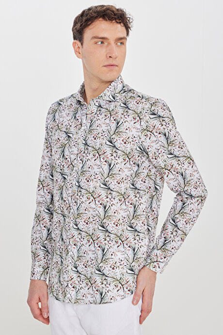 %100 Pamuk Slim Fit Büyük İtalyan Yaka Baskılı Beyaz-Yeşil Gömlek resmi